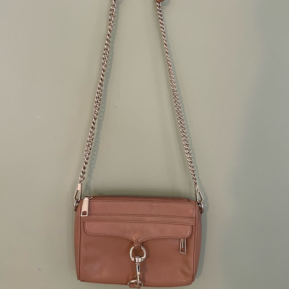 Camel leather Rebecca Minkoff Mini Mac crossbody handbag with gold hardware
